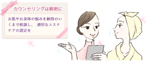 カウンセリングは綿密に お肌やお身体の悩みを納得のいくまで相談し、適切なエステケアの設定を